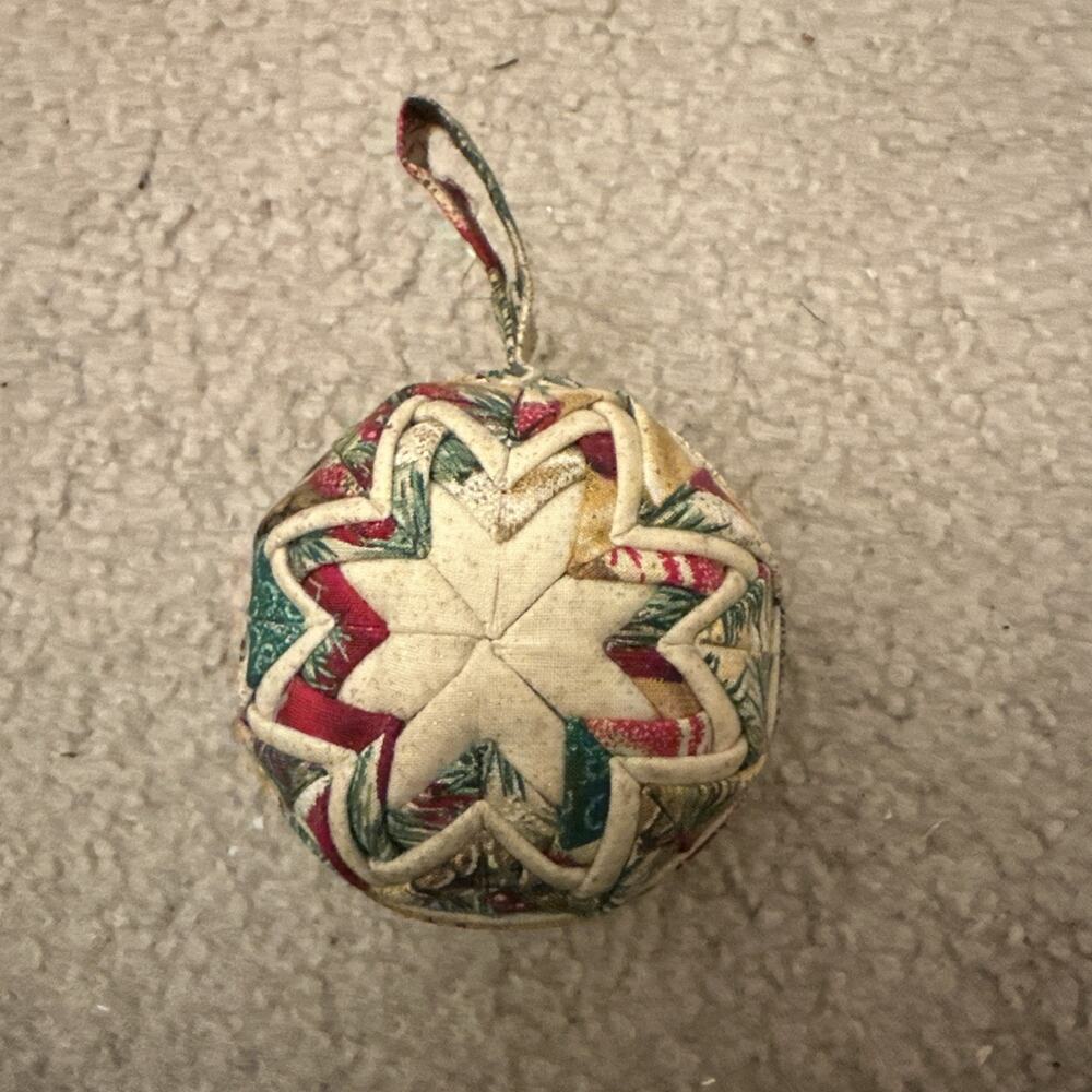 Vintage Christmas Ornament Decor Quilted Holly Star 3" D Ball Handcrafted